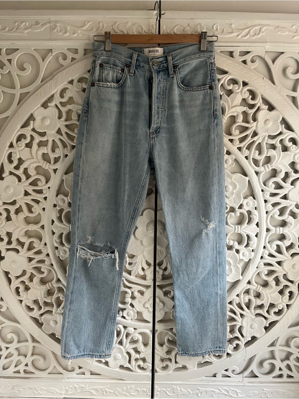 AGOLDE Riley High Rise Straight Crop Jeans Distressed Light Wash Size 24